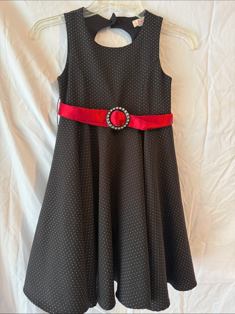 Candie's Black Polka Dot Dress with Red Satin Belt and Rhinestone Buckle